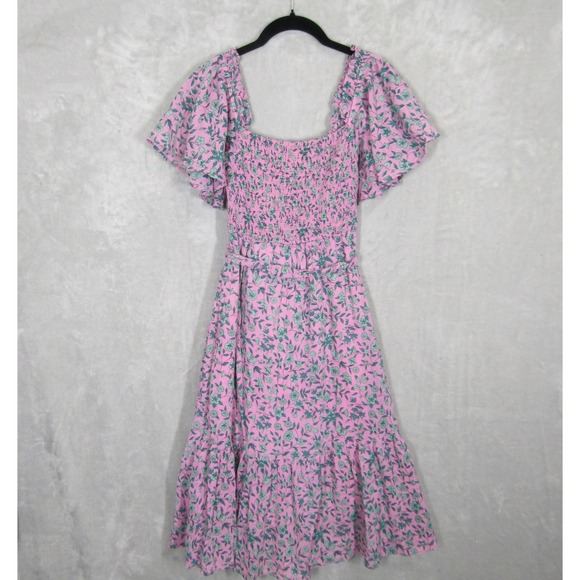 Banjanan Midi Dress XS Pink Floral Print Smocked Ruffle Sleeve Camilla Cotton - Picture 3 of 14